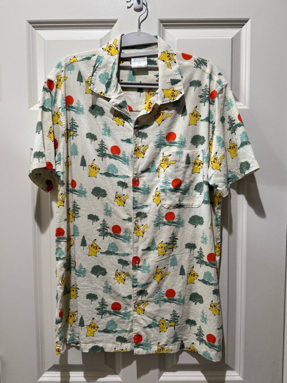 Men's Pokemon Cream Pikachu Print Short-Sleeve Button Shirt